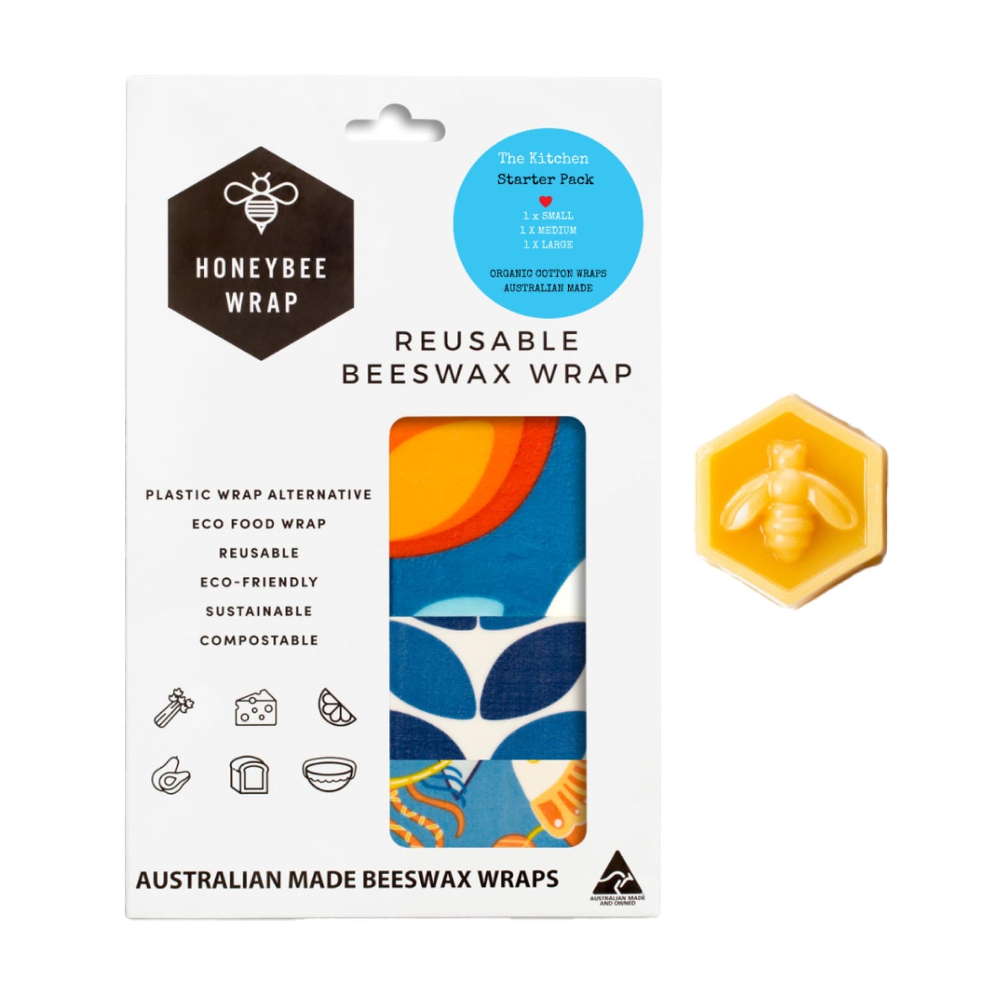 Honeybee Beeswax Wraps - Kitchen Starter Pack with Wax Replenish Block - Certified Organic Cotton Beeswax Wrap - Reusable Beeswax Food Wrap 3 Pack