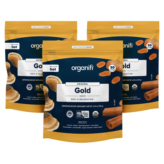 Organifi: Gold - Superfood Supplement Powder- 90 Servings (3 Pack) - Stress Support Better Rest Relaxation and Promotes Restful Sleep - Turmeric and Reishi Infused